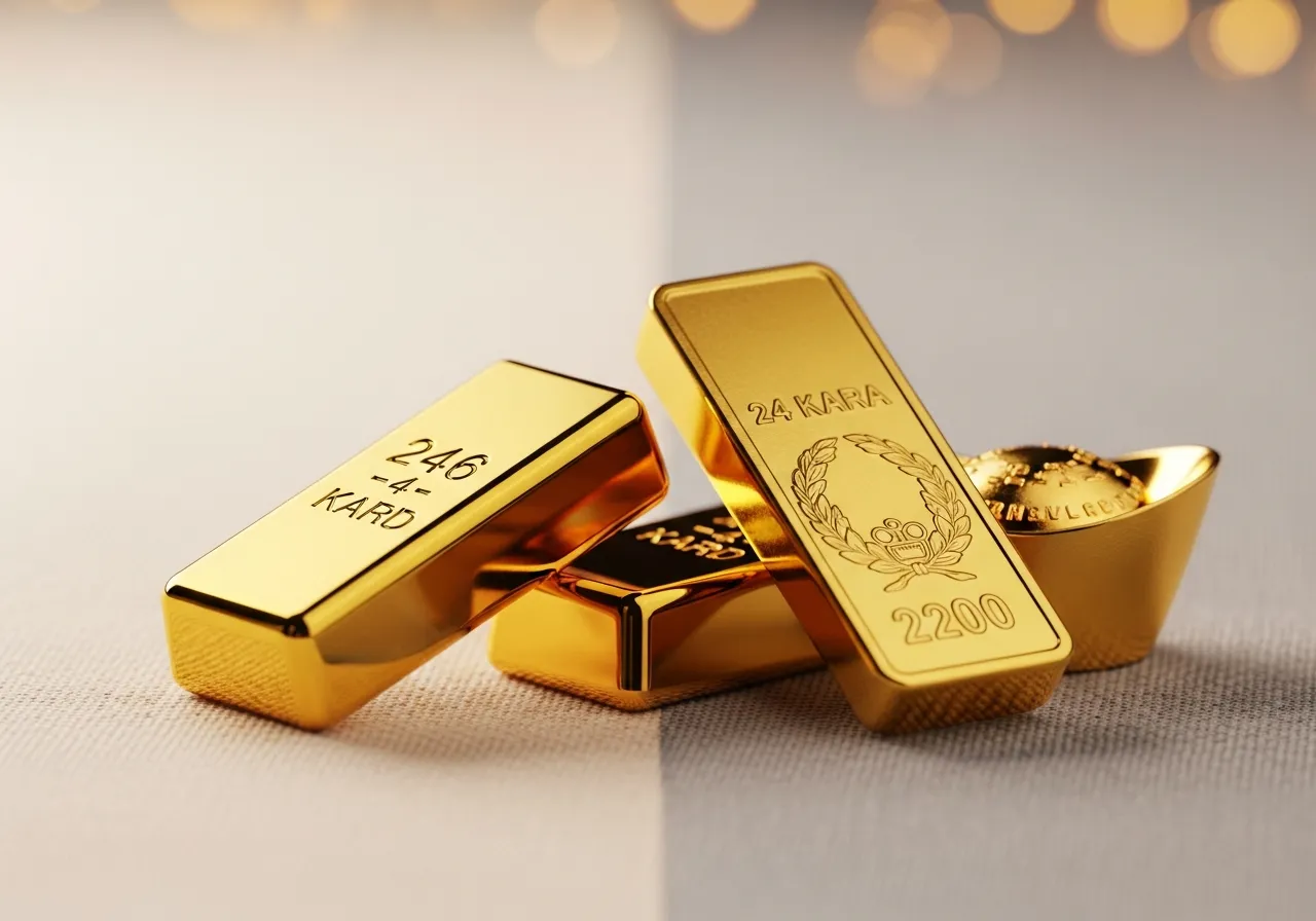 Close-up of gold bullion bars and a minted ingot we buy for cash