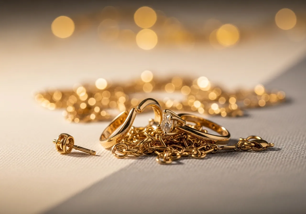 Close-up of broken gold jewellery — snapped chains and a bent ring — bought for cash