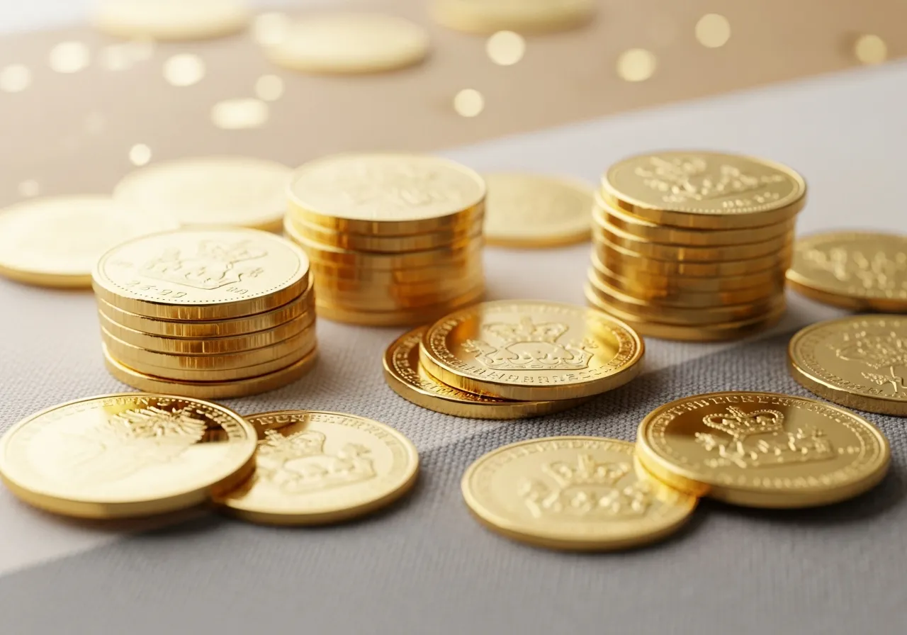 Close-up of gold bullion coins and sovereigns we buy for cash