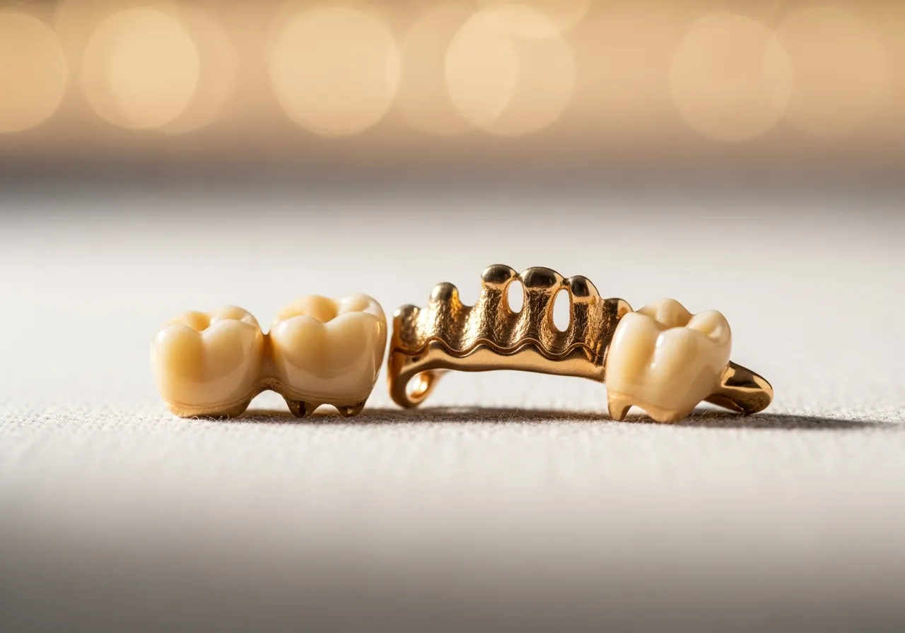 Close-up of dental gold — gold crowns and a bridge — bought for cash