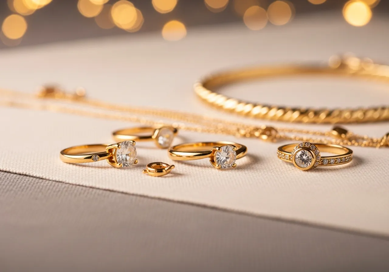 Close-up of assorted yellow gold rings, chains and a bracelet we buy for cash