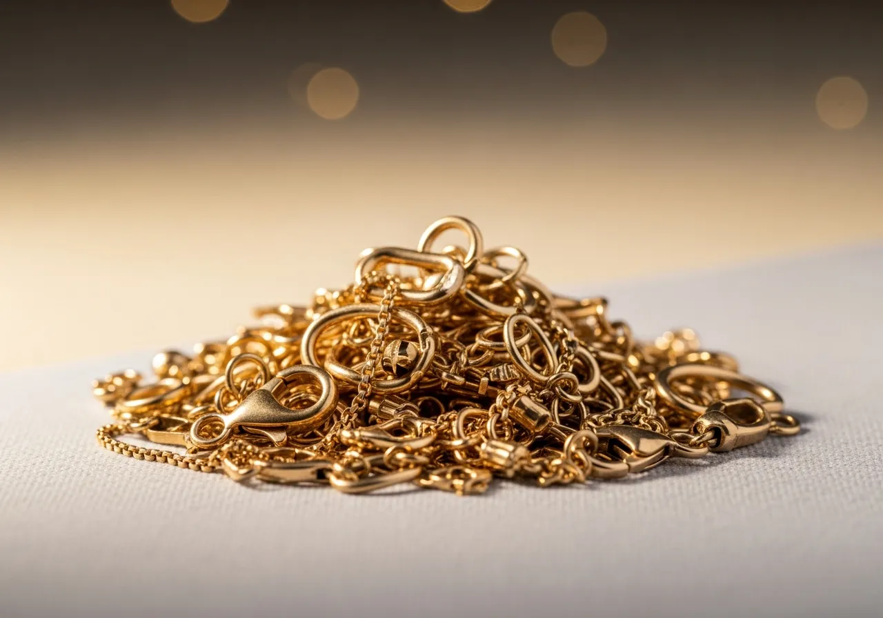 Close-up of a small heap of scrap gold — mixed links and fragments — bought for cash