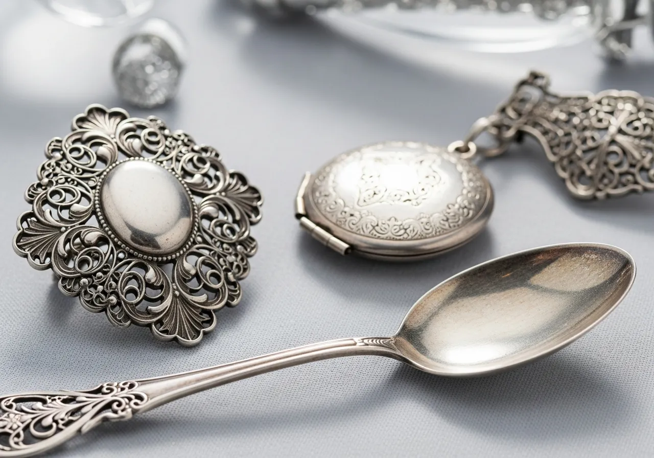 Close-up of antique sterling silver — a Victorian brooch, a vintage locket and a filigree spoon — bought for cash