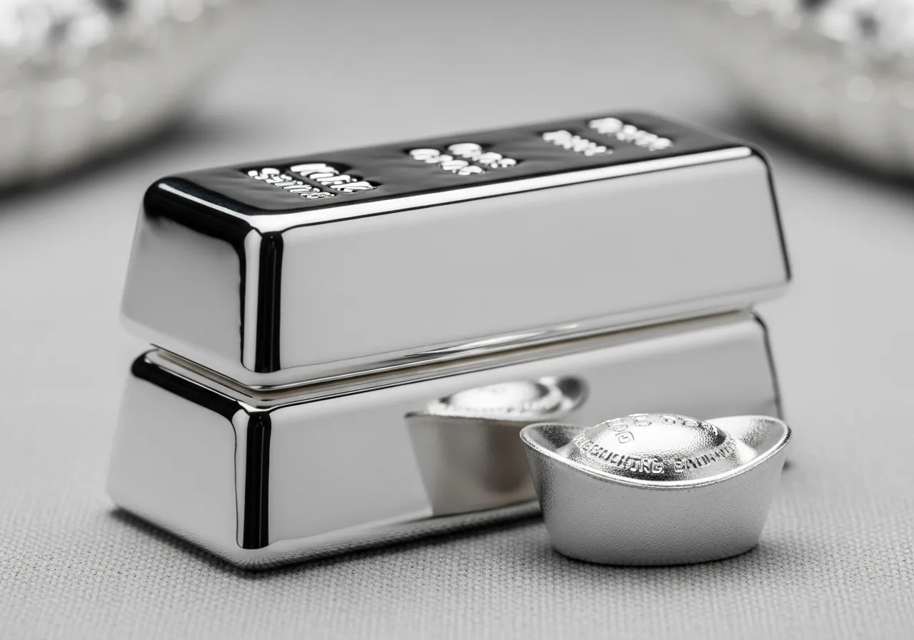 Close-up of silver bullion bars and a minted ingot we buy for cash