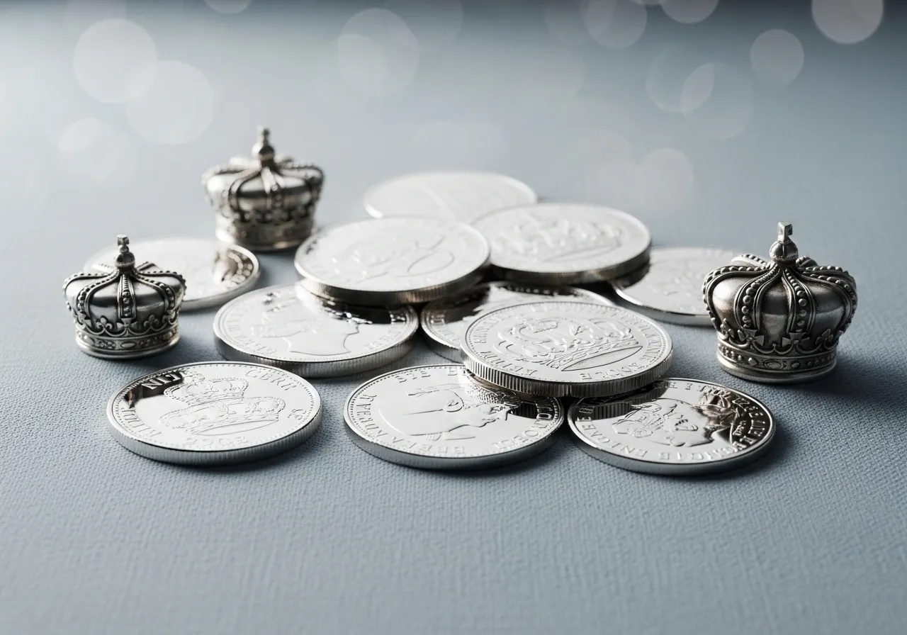 Close-up of silver bullion coins and old silver crowns we buy for cash