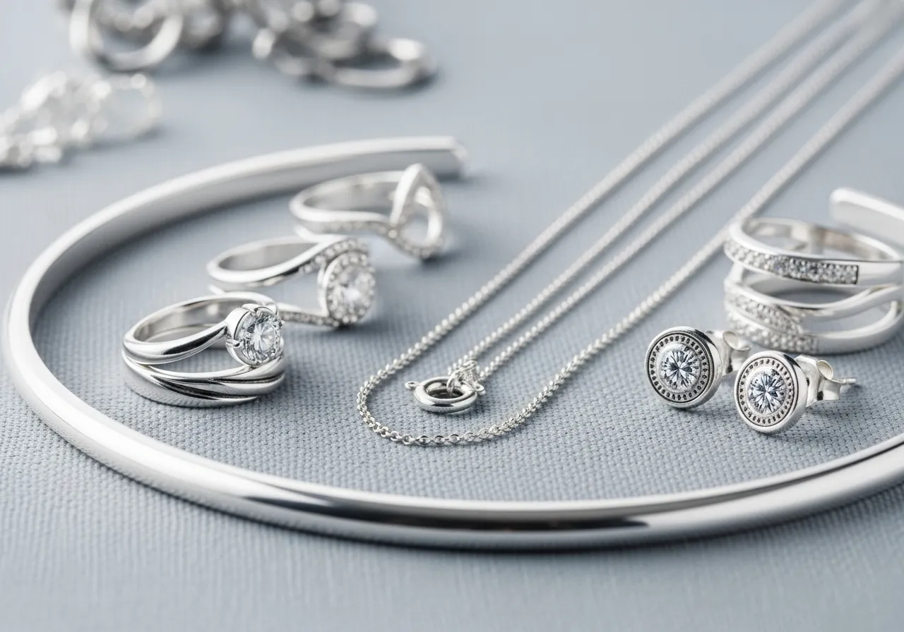 Close-up of sterling silver jewellery — rings, a chain, a bangle and earrings — we buy for cash