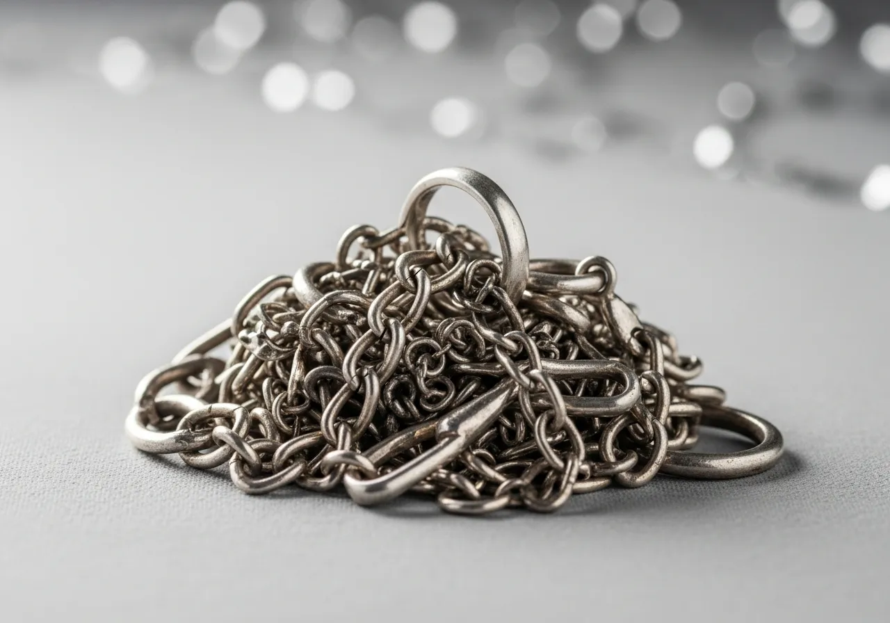Close-up of a small heap of scrap silver — broken chains and odd links — bought for cash