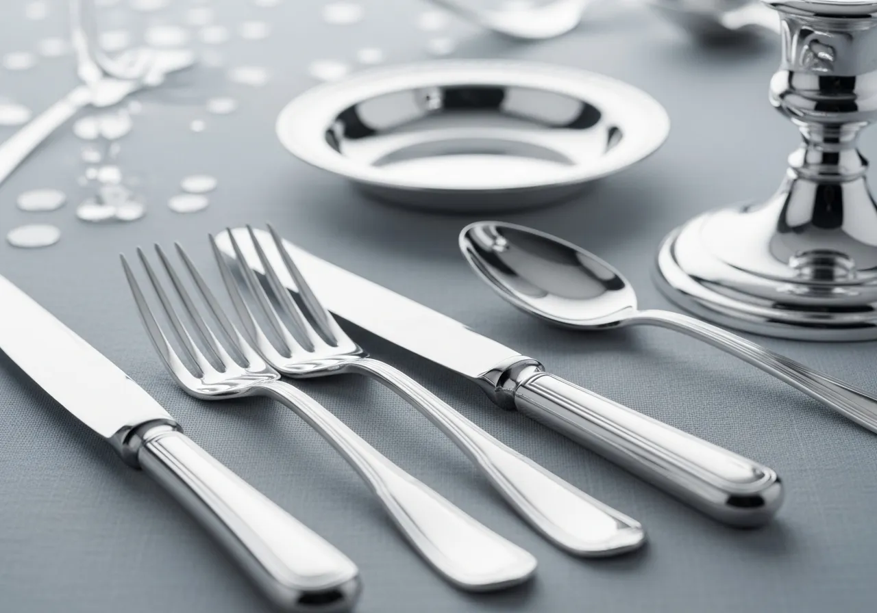 Close-up of sterling silverware — antique silver cutlery, a dish and a candlestick — we buy for cash