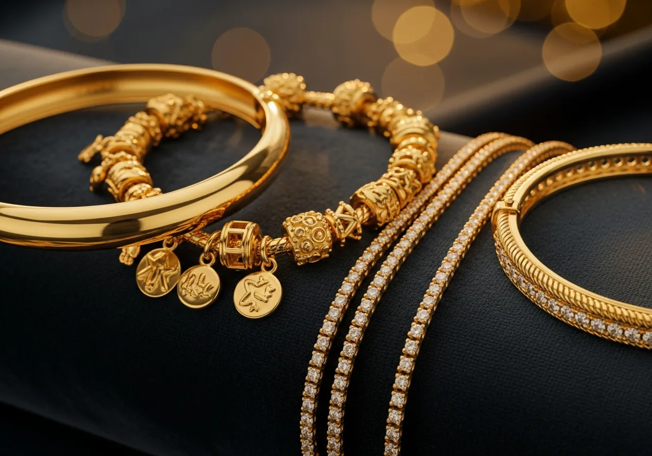 Gold bangles, charm bracelets and a tennis bracelet we buy on the Gold Coast