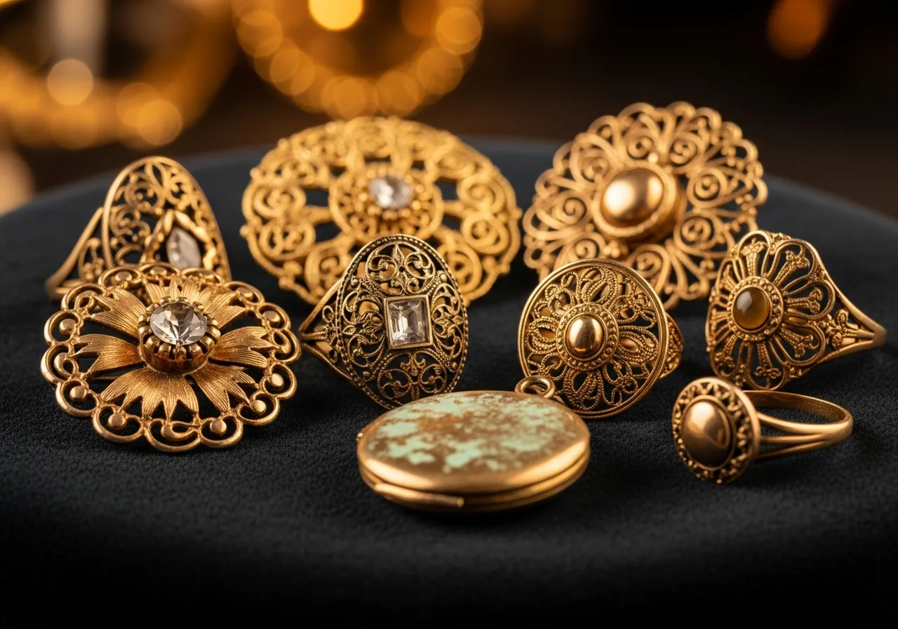 Vintage and inherited gold jewellery — antique brooches, filigree rings and an heirloom locket — bought on the Gold Coast