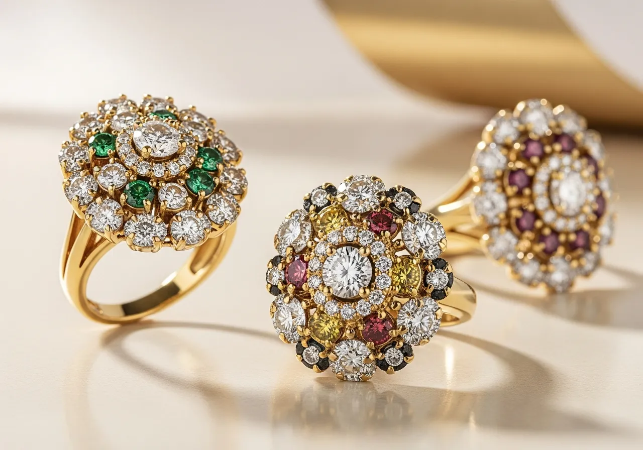 Statement gold cocktail and cluster dress rings valued for cash at EasyGold Southport Park